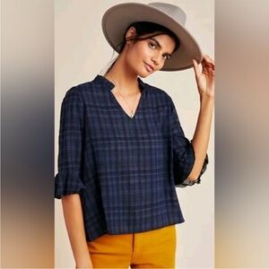 Anthropologie Dolan Left Coast Tandy Ruffle Plaid Print Ruffle Blouse Top XL